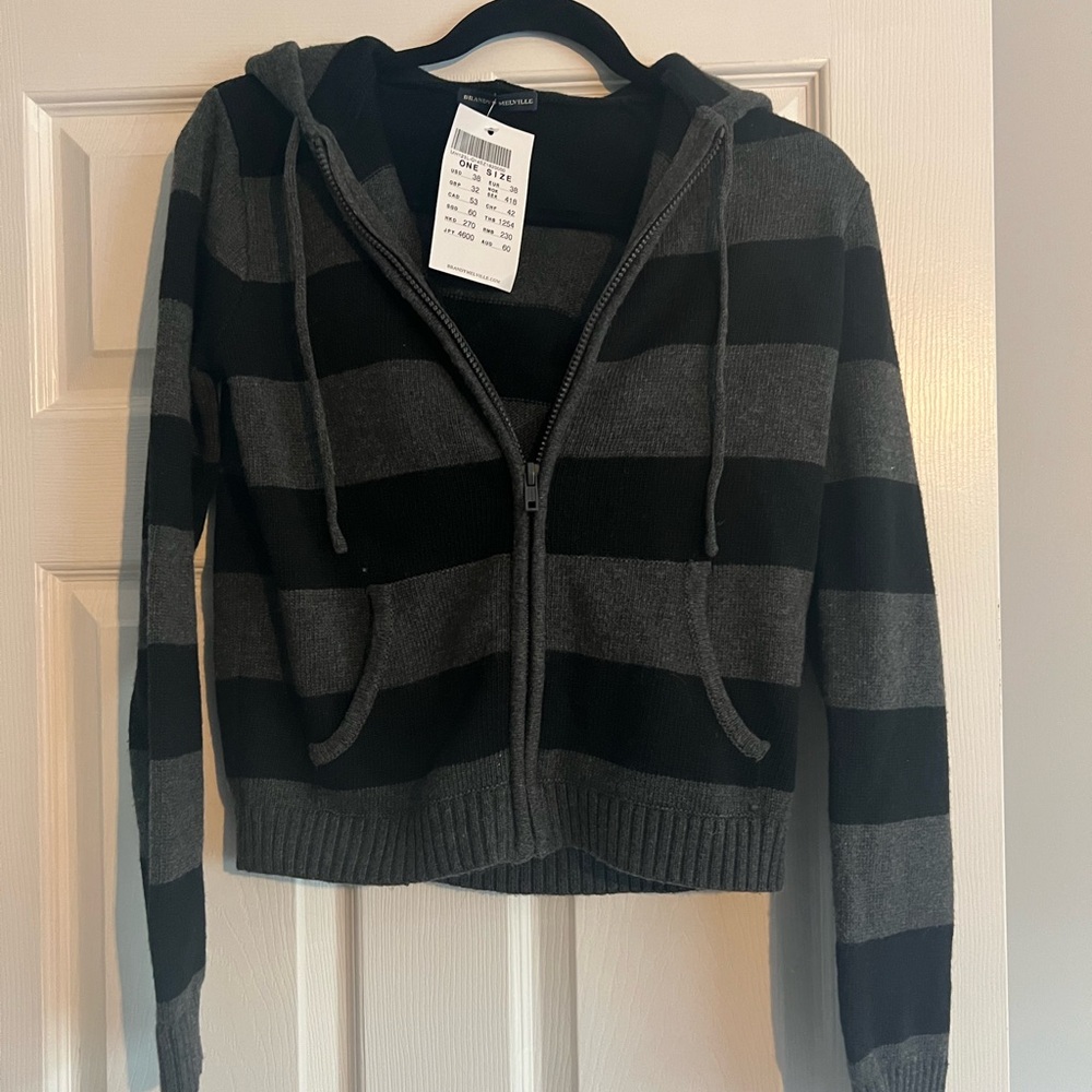 Brandy Melville Striped Black and Gray Zip-Up Hoodie